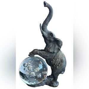Vintage Bombay Company Cast Iron Elephant & Crystal Sphere Ball Statue